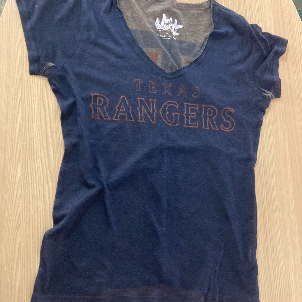 Texas Rangers T Shirt Medium Gray and Blue Sheer Burn Out Material Short Sleeve